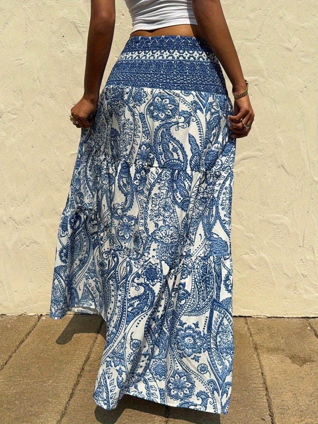Women's Spring/Summer Vacation Daily Casual Bohemian Print Tie-Waist Long Skirt - Blue
