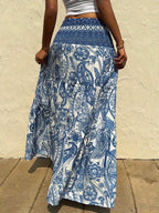 Women's Spring/Summer Vacation Daily Casual Bohemian Print Tie-Waist Long Skirt - Blue