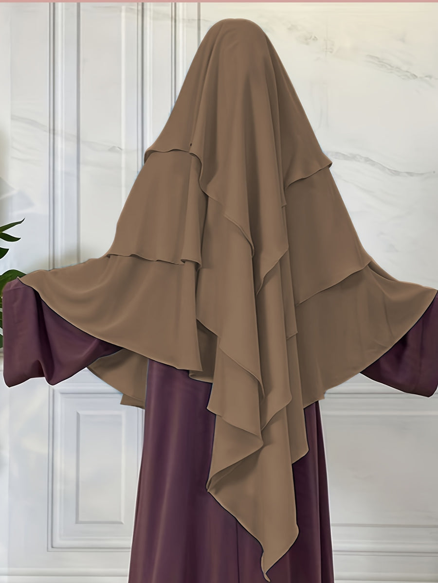 1pc Fashionable, Elegant and Casual Three-layer Chiffon Fabric Solid Color Suitable for Daily Wear, Loose and Comfortable Women's Abaya Headscarf, Women Wedding Robe Aid Femme Abayas for Women Muslim Jilbab Femme Khimar - Khaki