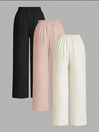 3pcs Elegant Wide-Leg Pants - Solid Color Lightweight Summer Trousers with Wide Leg Opening & Drawstring Waist, Machine Washable Non-Stretch for Casual, Office, Semi-Formal Wear (3pcs) - Black+light pink+white