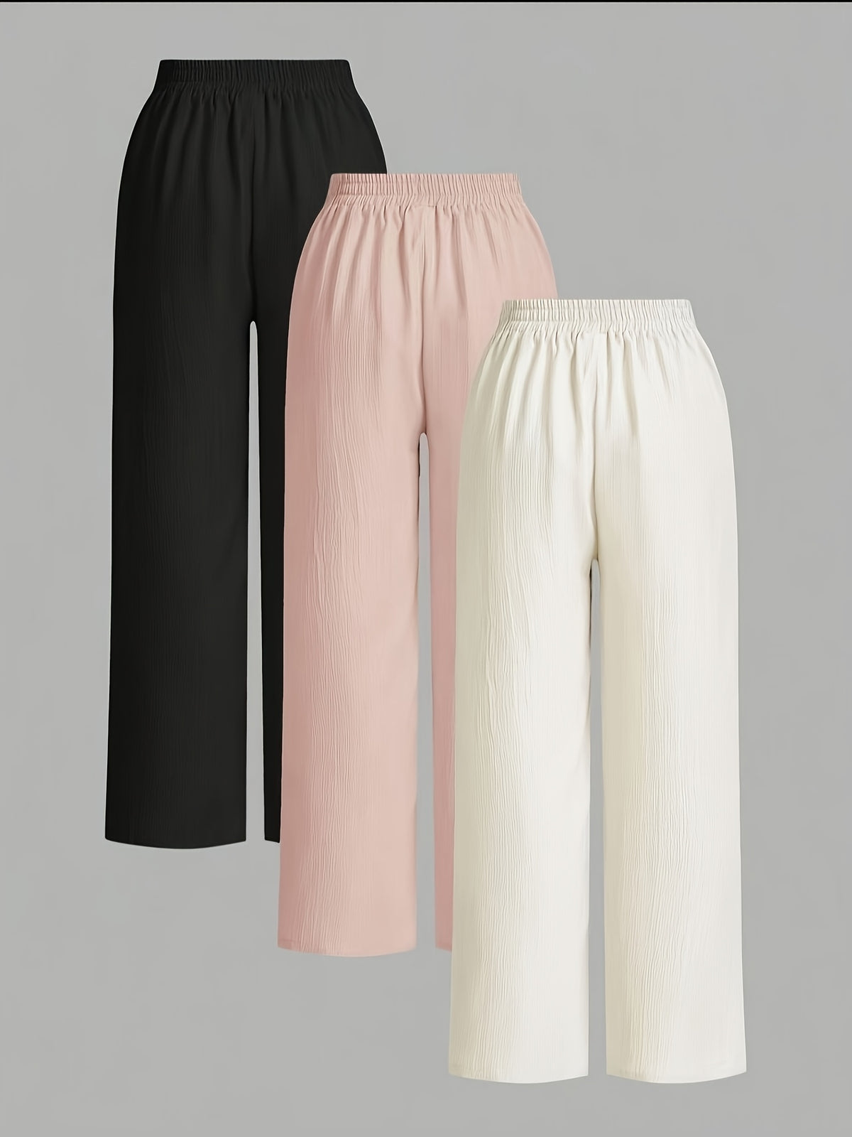 3pcs Elegant Wide-Leg Pants - Solid Color Lightweight Summer Trousers with Wide Leg Opening & Drawstring Waist, Machine Washable Non-Stretch for Casual, Office, Semi-Formal Wear (3pcs) - Black+light pink+white