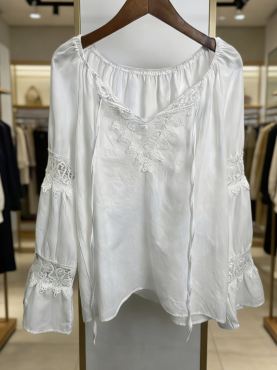 Women'S Spring Summer Retro Lace Patchwork V-Neck Lightweight Comfortable Cute Top, Elegant Comfortable Loose Casual Commute Dress Shirt - White