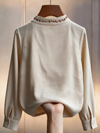 Women'S Floral Embroidery Stand-Up Collar Long Sleeve Shirt, Embroidered Top, Elegant Spring/Autumn Outfit, Office And Commute Wear, Beautiful Blouse, Casual Elegant, Shirt Promotion - Apricot