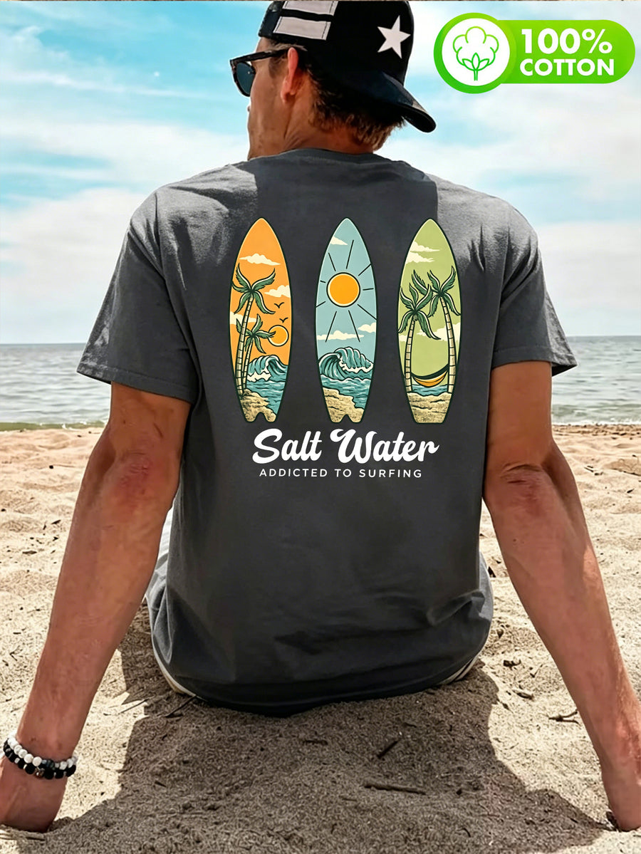 Men'S 100% T-Shirt, "Salt Water" Vintage Surfboard Front And Back Print Design, Casual Trendy Street Sport Short Sleeve T-Shirt Summer New Style, Round Neck Short Sleeve Summer Top, Casual Street Style, Suitable for Summer Daily Outdoor Wear - Dark Gray