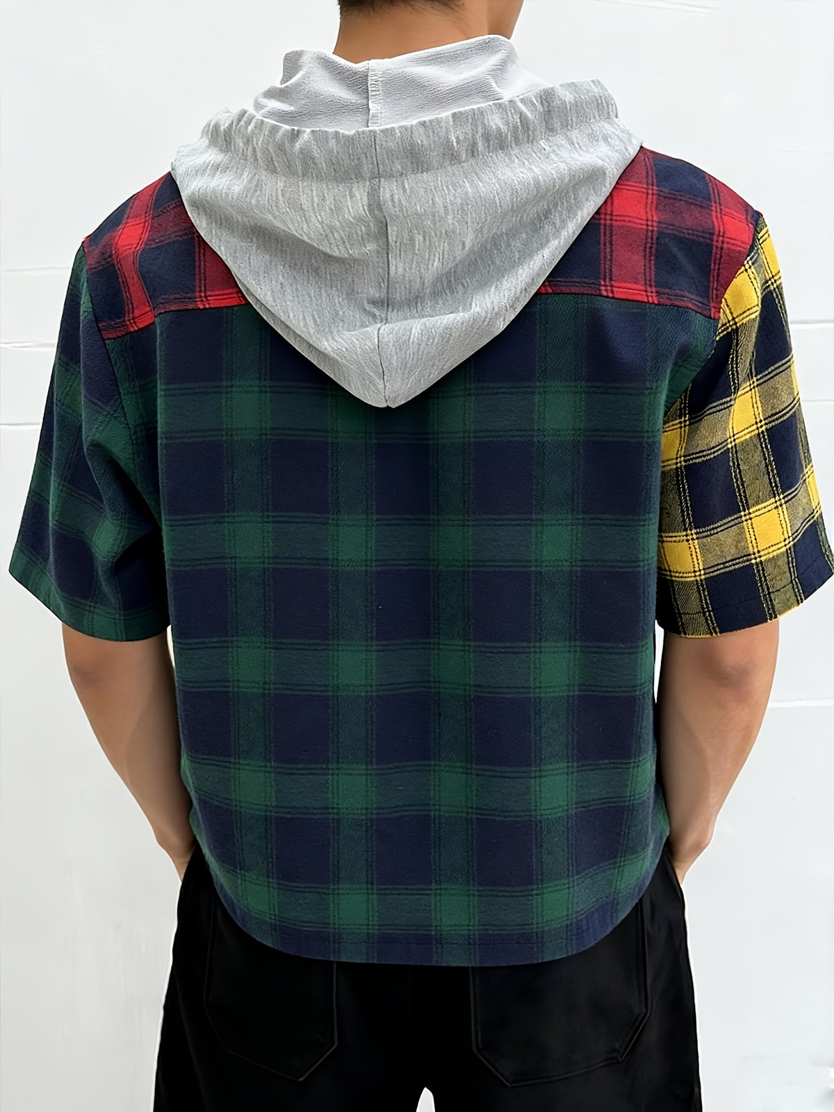 New Summer Men's Trendy Cool Patchwork Plaid Hooded Short-Sleeve Shirt Top. Features a Unique Contrast-color Plaid Pattern, a Loose Cropped Fit That Elongates the Legs, and a Casual, Nonchalant Hooded Design. The Soft, Skin-friendly Fabric Is - Black