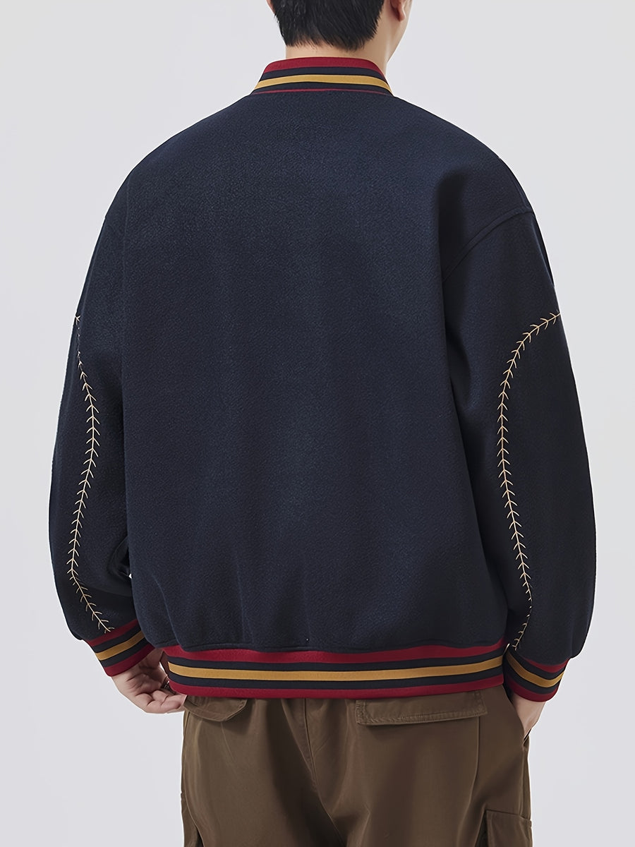[Villa Le Water OBM] 2026 New American Street Color-Block Baseball Jacket Men'S Autumn Trendy Brand Design Embroidered Couple Coat Preppy Style Casual Top - Navy Color
