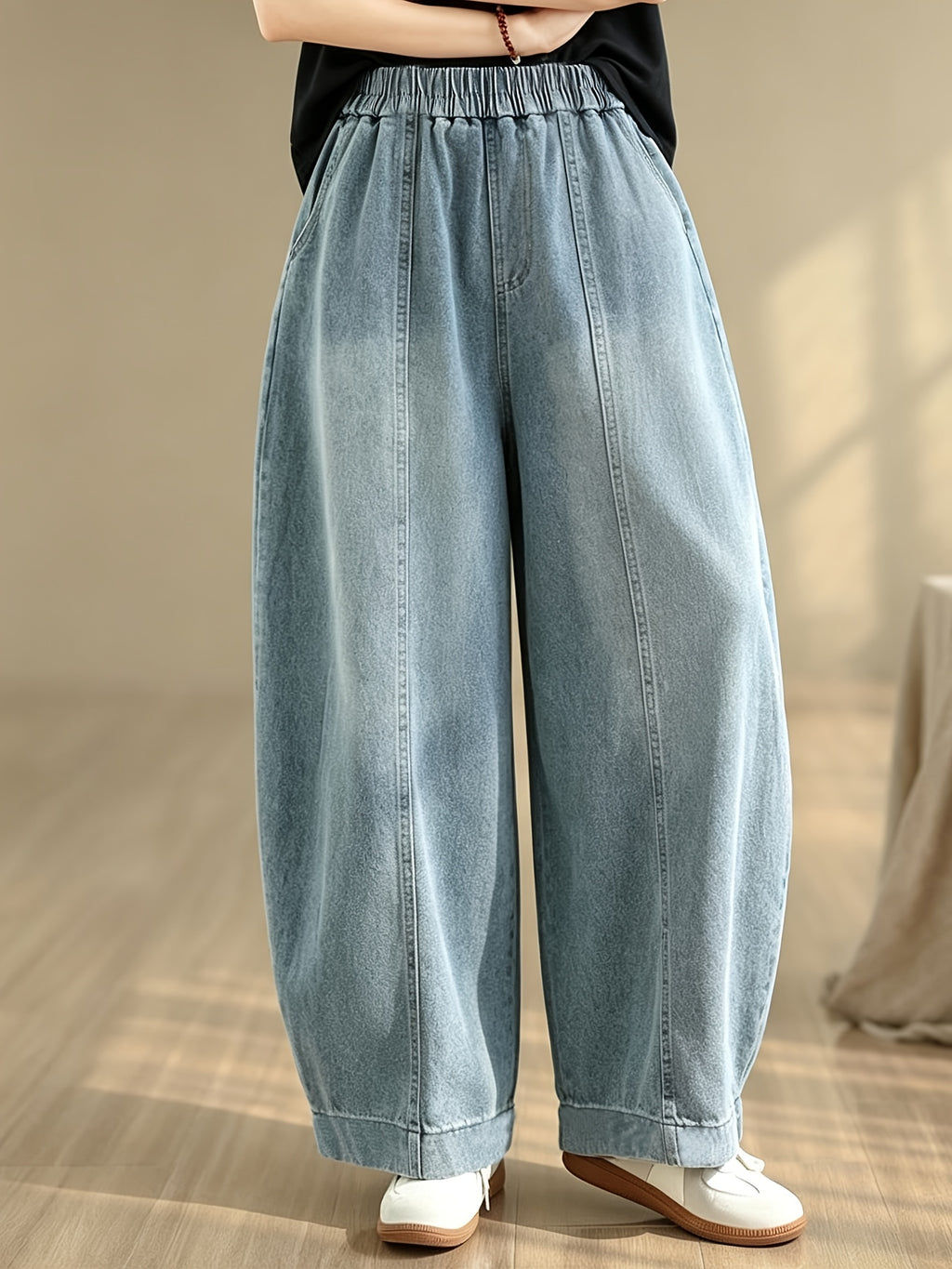 Women's Casual Vintage Artistic Loose High-Waist Versatile Simple Denim Harem Wide-Leg Pants, Spring/Summer Casual Elastic High-Waist Stretchy Loose Trousers, Commuting Vacation Casual Versatile Denim Long Pants - Bright Steel Blue