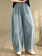 Women's Casual Vintage Artistic Loose High-Waist Versatile Simple Denim Harem Wide-Leg Pants, Spring/Summer Casual Elastic High-Waist Stretchy Loose Trousers, Commuting Vacation Casual Versatile Denim Long Pants - Bright Steel Blue