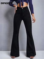 Ladies' 2026 New Stretchy Slim-Fit Flared Jeans, High-Waisted Tummy Control Black Jeans For, Pocketed Washed Solid Color Long Denim Pants, Elegant Women'S Attire, Comfortable Business Casual Trousers Suitable for Travel, Work, And Office Wear - Black