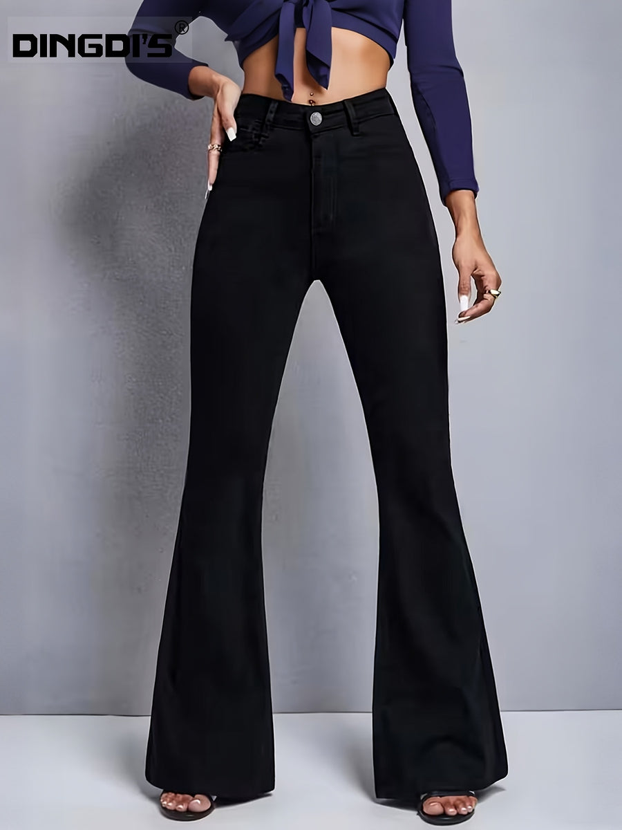 Ladies' 2026 New Stretchy Slim-Fit Flared Jeans, High-Waisted Tummy Control Black Jeans For, Pocketed Washed Solid Color Long Denim Pants, Elegant Women'S Attire, Comfortable Business Casual Trousers Suitable for Travel, Work, And Office Wear - Black