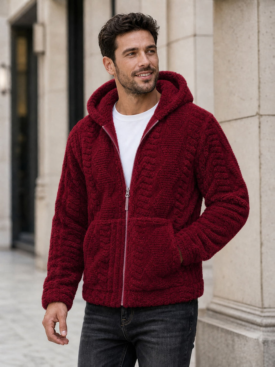 Men'S Plush Fleece Hooded Jacket, Full-Zip Long Sleeve Outerwear with Hand Pockets, Elastic Cuffs And Hem, Solid Color Textured Casual Jacket for Fall/Winter Daily Wear, Travel And Outdoor Activities - Burgundy