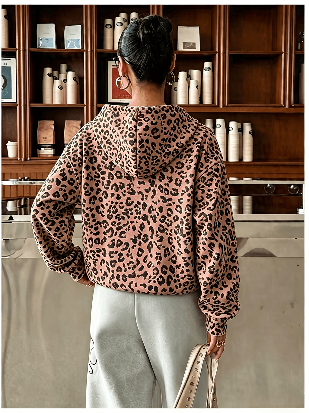 Women's Fashion Leopard Print Hoodie Sweatshirt - Dark Brown
