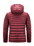 Men's Winter Padded Coat, Hooded Padded Top, Warm Quilted Jacket with Colorful Zipper Pockets - Deep Red