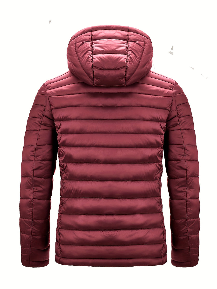 Men's Winter Padded Coat, Hooded Padded Top, Warm Quilted Jacket with Colorful Zipper Pockets - Deep Red