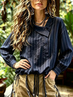 Design-Sense Slanted Buckle Striped Long Sleeve Short Style Temperament Shirt Retro Asymmetrical Collar Top Drawstring Hem Super - Navy Color
