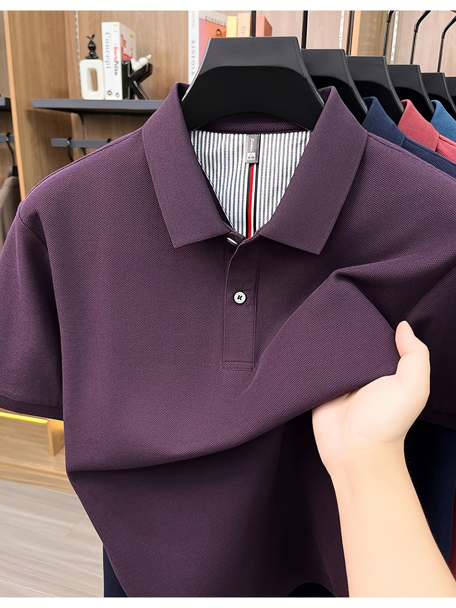 Men's Multi-Color Summer Pearl-Spun Mesh Long-Sleeve Polo Shirt with Contrast Lining and Lapel, Solid Color Simple Design, Skin-Friendly and Breathable, for Business Commuting, Daily Outings, Fishing Leisure, Mid-Life Men's Top - Fuchsia