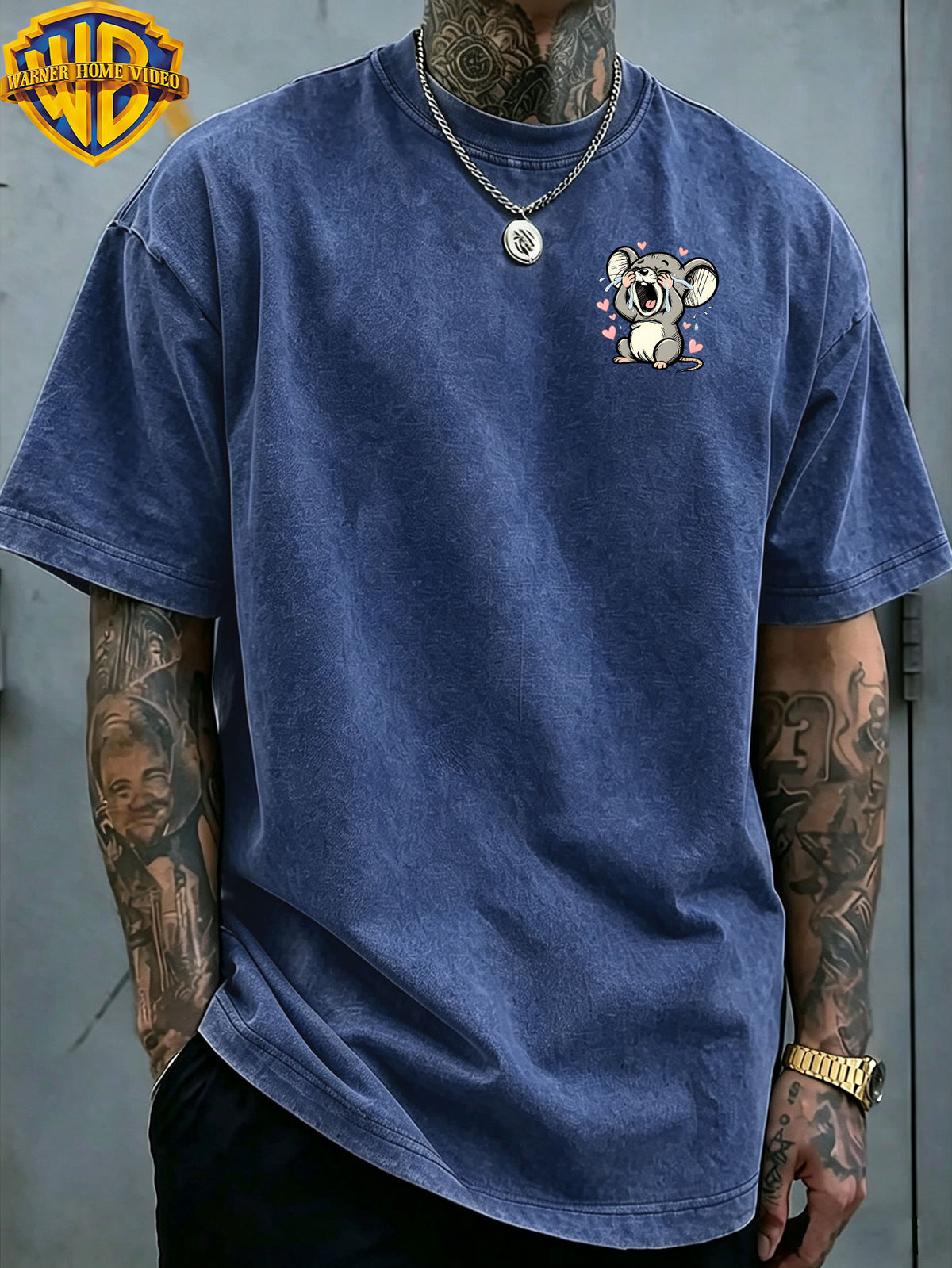 Warner Bros. Officially Authorizes Crying on the Floor with Floating Love Print  Washed Outdated Short Sleeve T-shirt for Men and Women, Machine Washable Daily Commuter Outdoor Sports and Leisure Top - Royal Blue