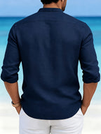 Men'S Summer Solid Color Stand Collar Button- Long Sleeve Shirt, Breathable Sweat-Wicking Comfortable Casual Top for Home Travel Beach Vacation - Navy Color