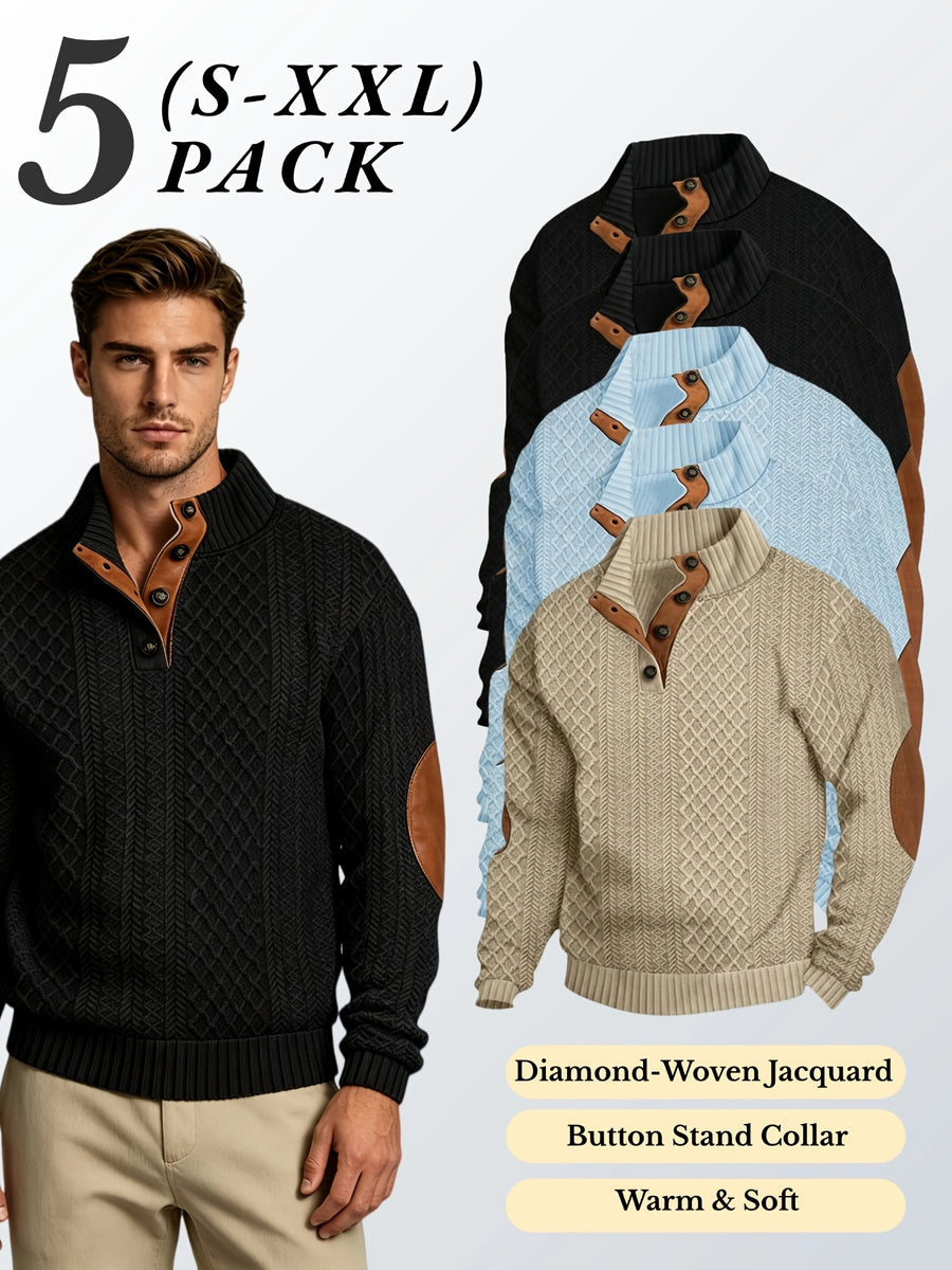 5pcs Set Men's Textured Jacquard Knit Vintage Casual Button-Up Stand Collar Long Sleeve Top, Versatile Basic Solid Color for Autumn/Winter Outings and Home Wear - Black 2 + Sky Blue 2 + Khaki