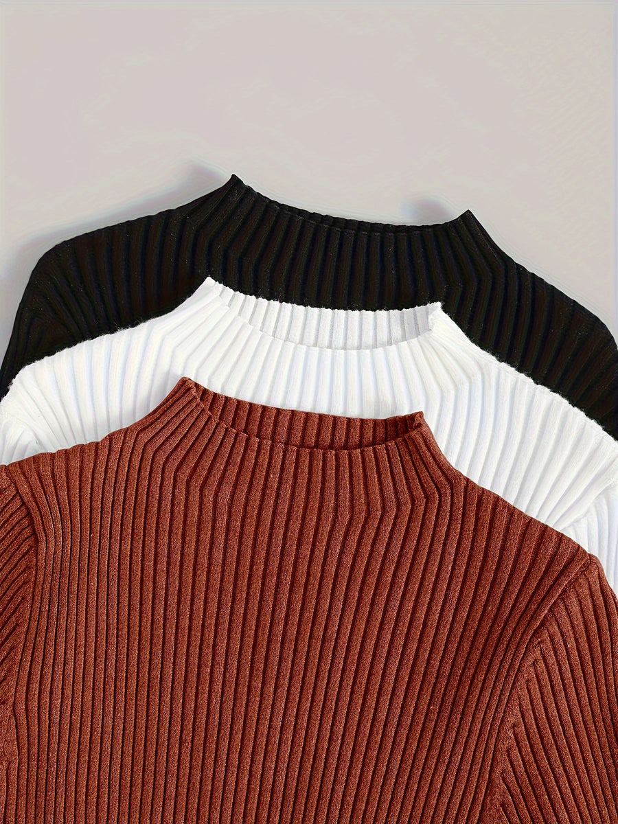 3pcs Set Stand Collar Ribbed Base Layer Stretch Plain Color Versatile Vintage - Mix color 5