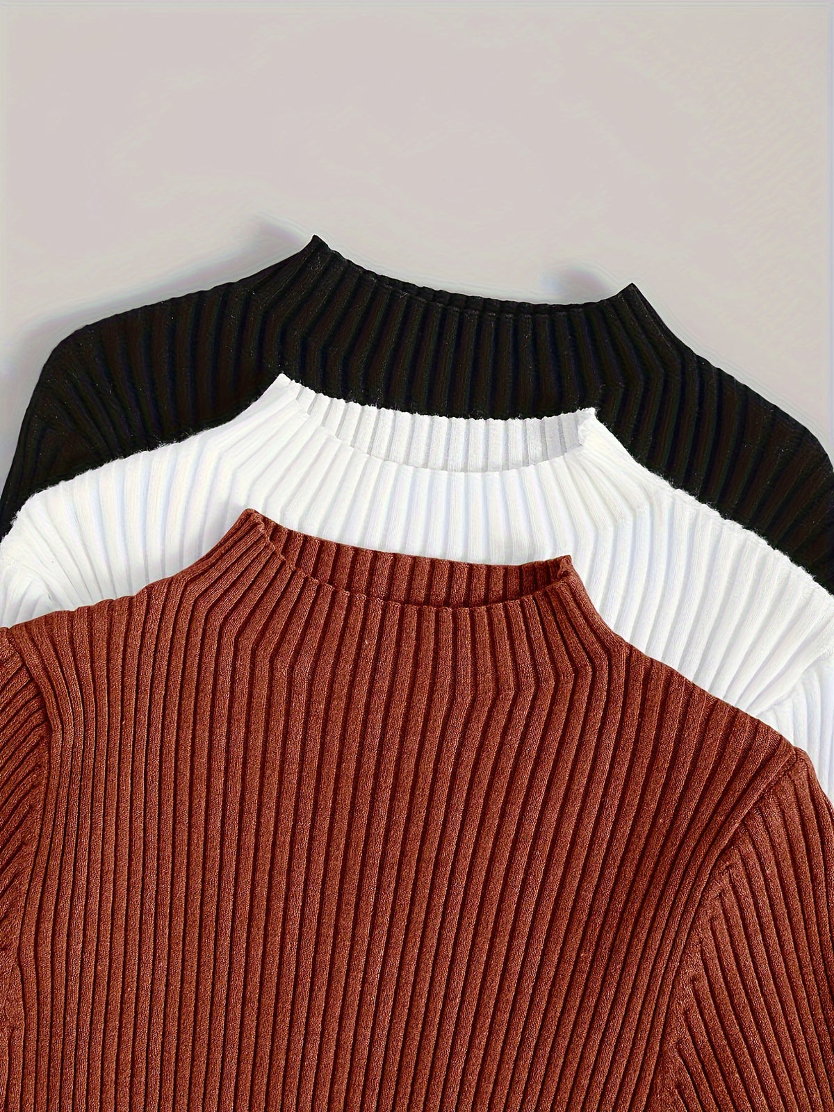 3pcs Set Stand Collar Ribbed Base Layer Stretch Plain Color Versatile Vintage - Mix color 5