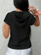 2026 New Women's Hoodie with Waffle Fabric Patchwork, Short Sleeves, Decorative Buttons, and Hood - Pure Black