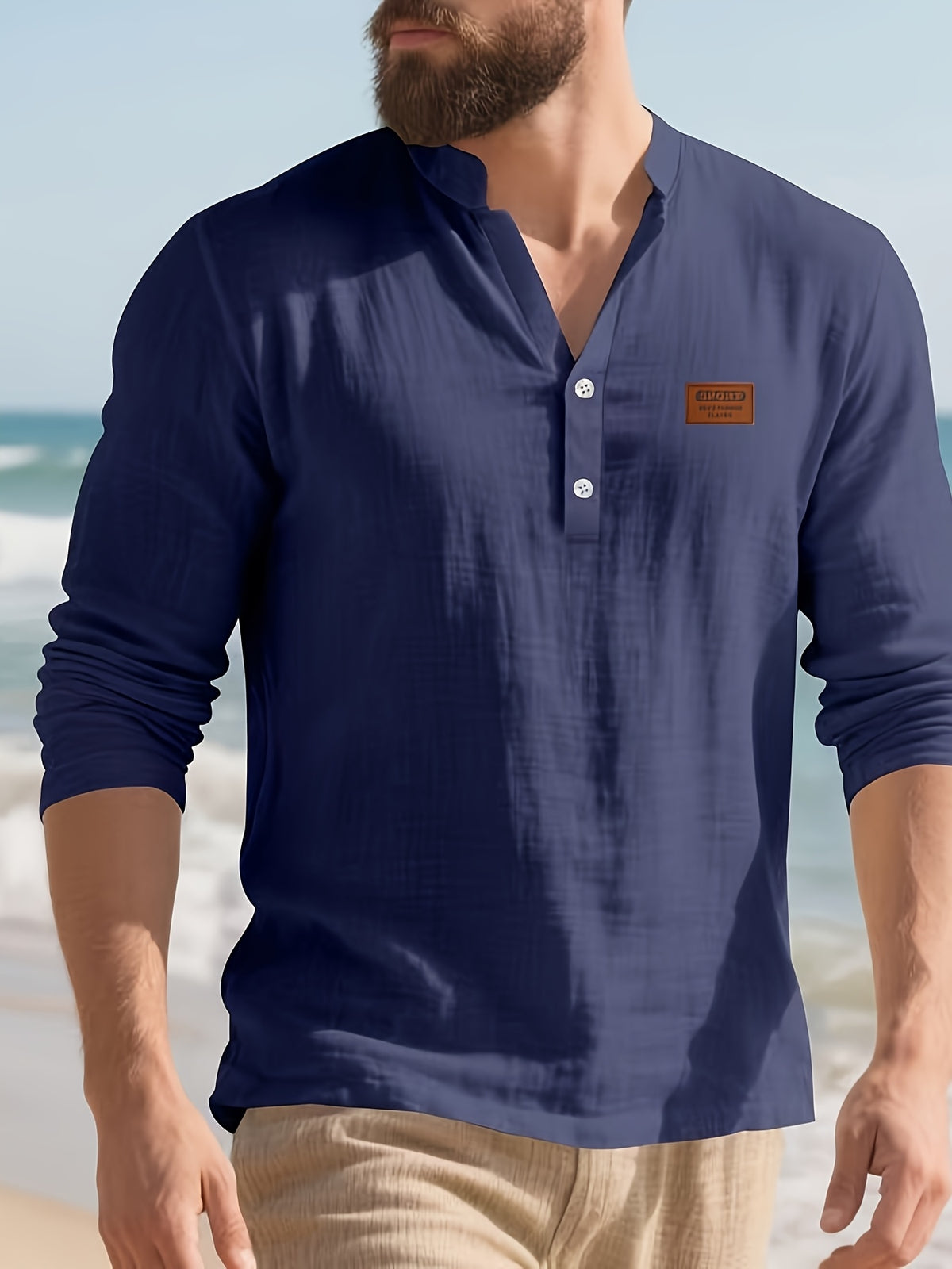 2026 Cross-border American Loose Fit Linen Henley Shirt, All Season Solid Color Breathable Stand Collar Long Sleeve T Shirts for Men Casual Daily Tops - Navy Color