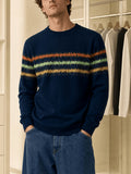 American Casual Men'S Contrast Striped Round Neck Sweater, Daily Easy Fashion Slimming Long Sleeve Knit Base Layer - Navy Color