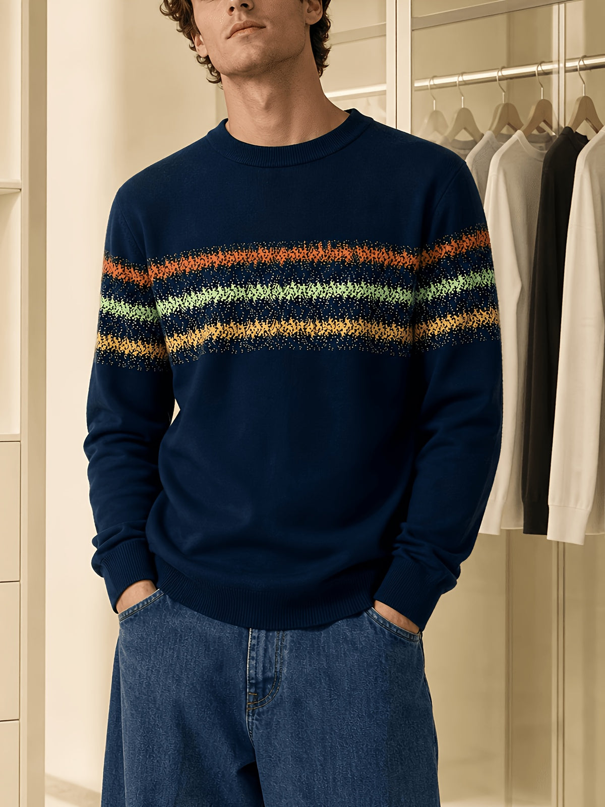 American Casual Men'S Contrast Striped Round Neck Sweater, Daily Easy Fashion Slimming Long Sleeve Knit Base Layer - Navy Color