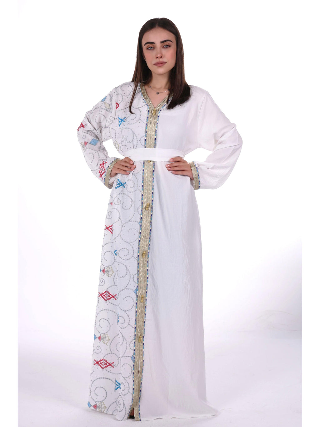 Middle East Women's New Traditional Style Dress Kaftan Robe Jalabiya Festival Evening Gown Abayas Suitable for Holiday Party Wear Women's Evening Dress, Casual Dress with belt - White