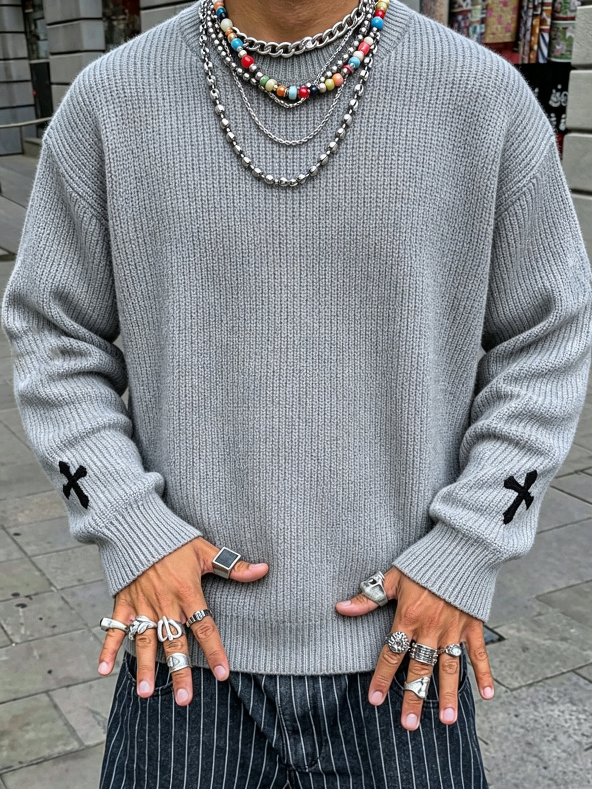 Korean Style Autumn Clothing Back to School Opening Outfit Round Neck Ribbed Label Embroidered Sweater Men Women Trendy Unisex Autumn Winter Fashion Round Neck Pullover Long Sleeve Knit Loose All-Match Top - Grey