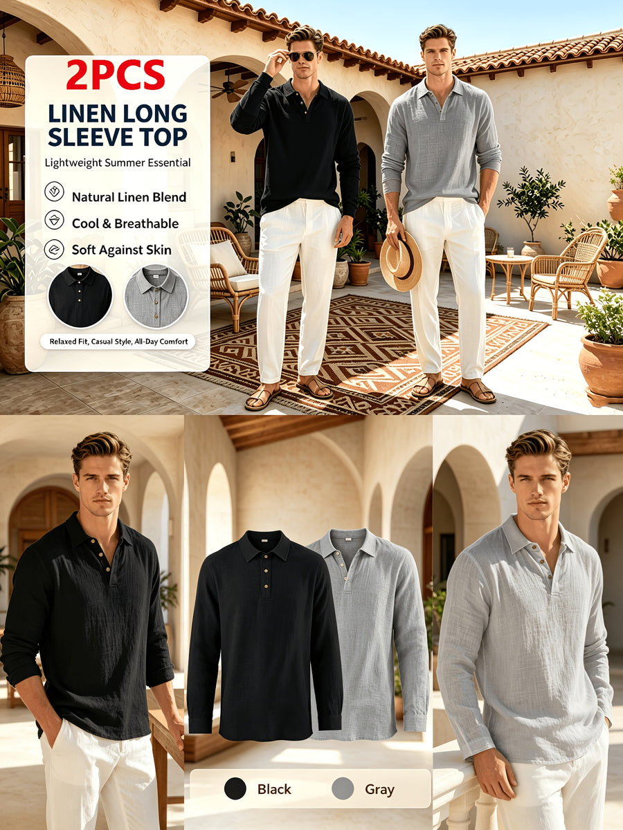 2pcs Autumn Linen Men's Long-Sleeve Polo Shirt, American-Style Loose Fit, Lightly Mature Style, Heavyweight T-Shirt for Daily Commuting, Spring, Autumn, and All Seasons - Black+gray