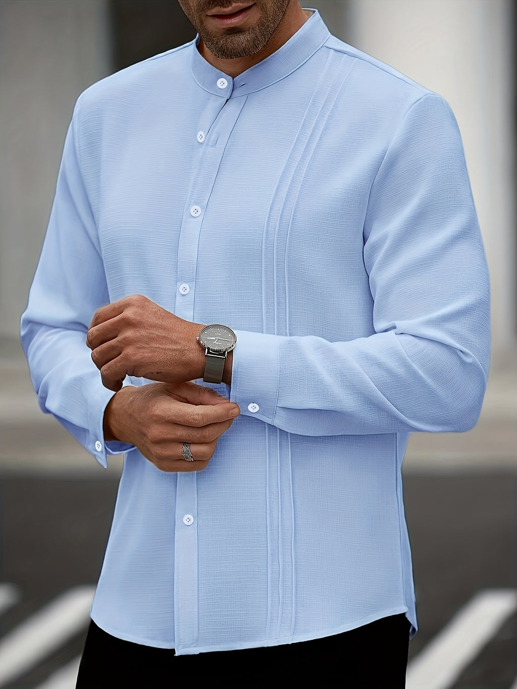 Cross-Border Men'S Casual Mandarin Collar Long Sleeve Shirt - Sky Blue