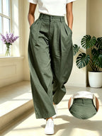 BK260320219 Vintage High-Waist Loose Casual Trousers Women'S Casual Commute Daily Wear, Side-Pocket Solid-Color Long Pants, High-Waist Soft Fabric Casual Trousers - Solid-Color Versatile Loose Pants - Summer Women'S Clothing - Olive Green