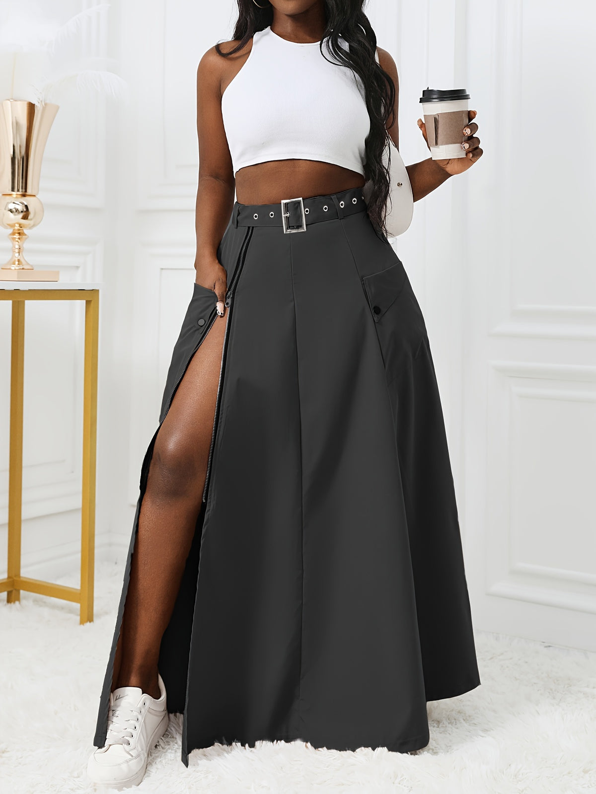 Street Style Women'S Front-Slit Zipper Utility Skirt Fashion Sensual Belt Utility Long Skirt Apron Skirt - Black