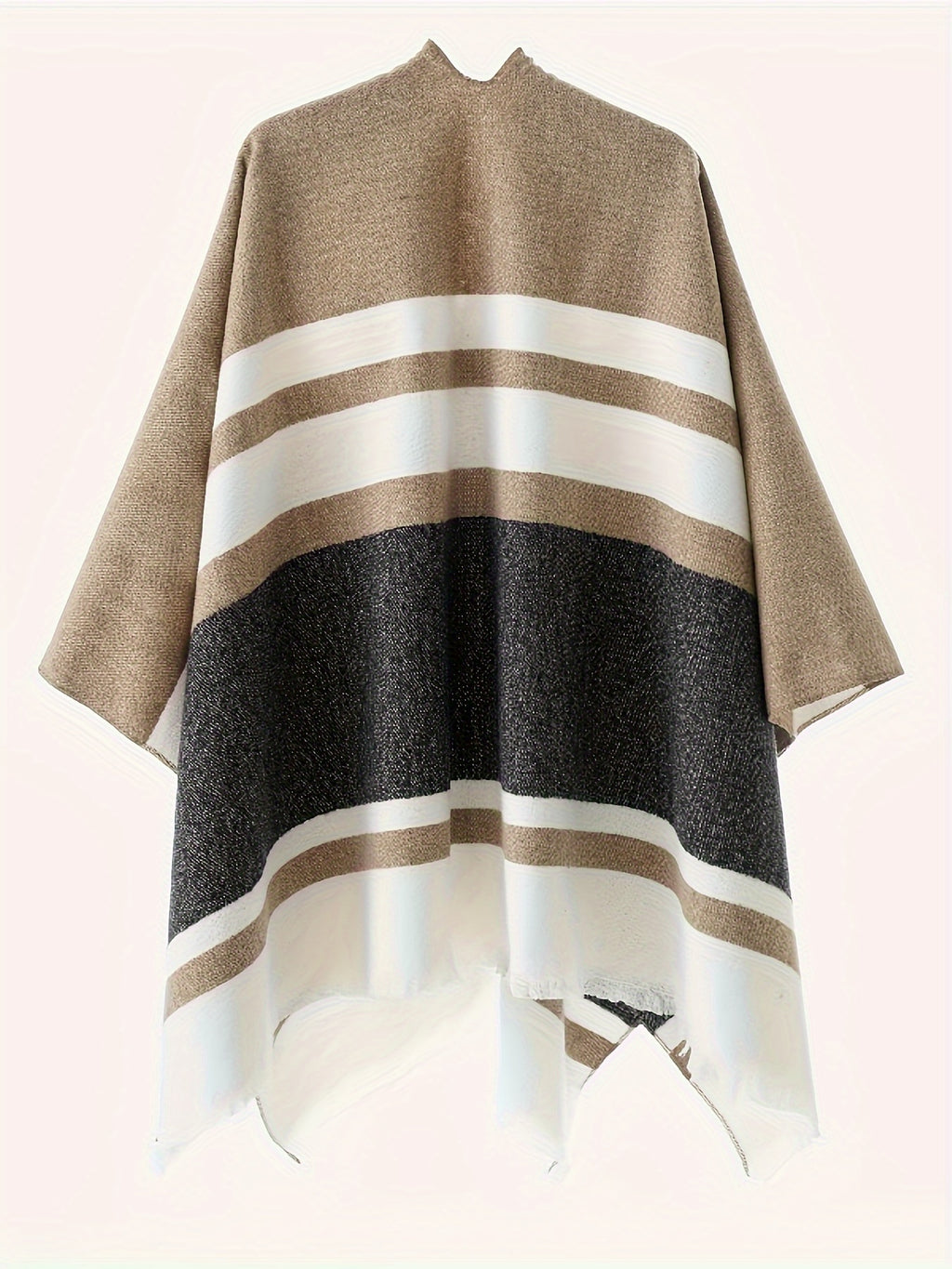 Women's Fashion Classic Striped Color Block Pattern Autumn and Winter Windproof Buttoned Travel Wrap Coat - Black