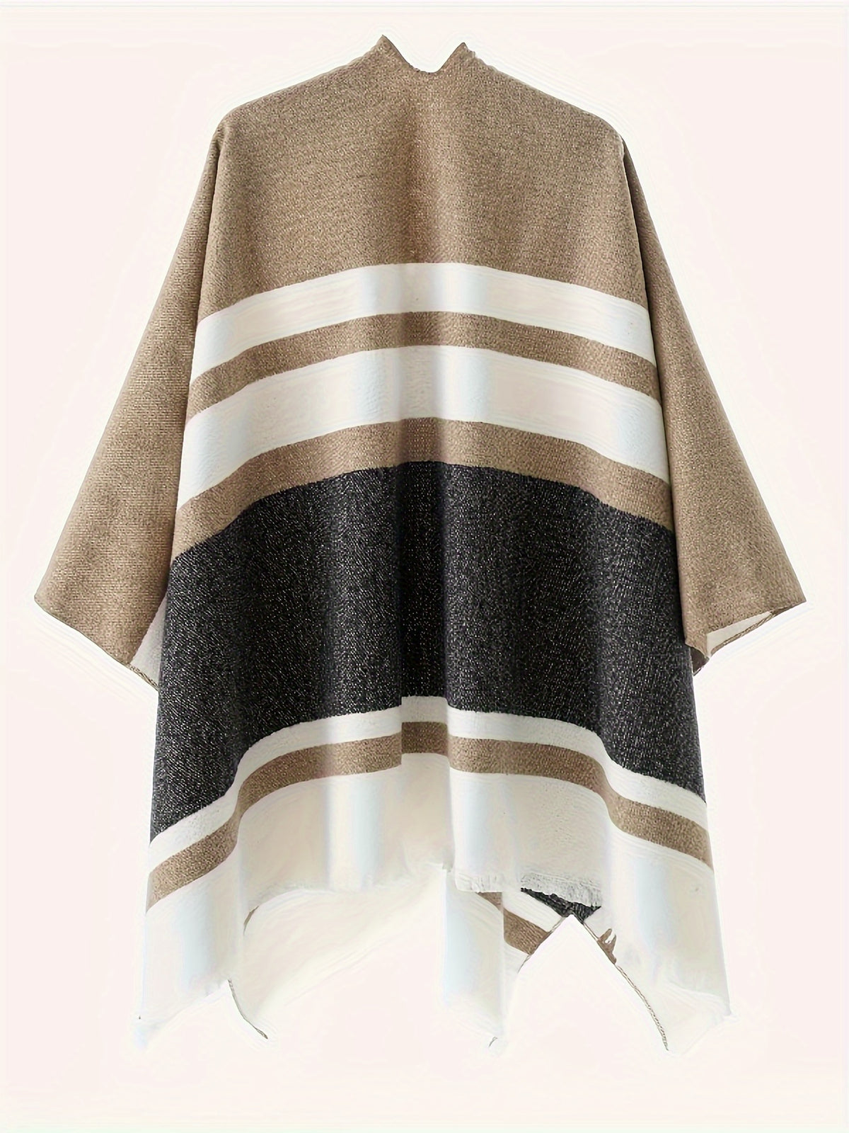 Women's Fashion Classic Striped Color Block Pattern Autumn and Winter Windproof Buttoned Travel Wrap Coat - Black
