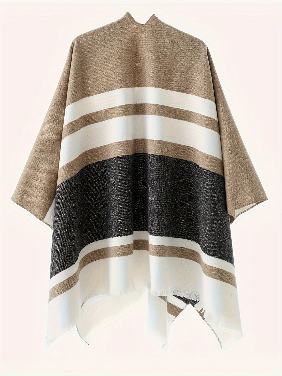 Women's Fashion Classic Striped Color Block Pattern Autumn and Winter Windproof Buttoned Travel Wrap Coat - Black
