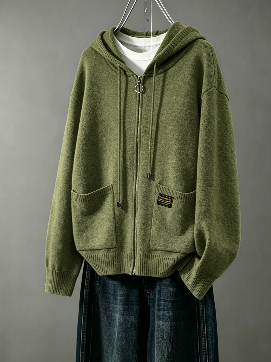 Women's Cardigan, Spring/Autumn Lazy Style Sweater Jacket, Loose Fit Outerwear Hooded Top - Olive Green