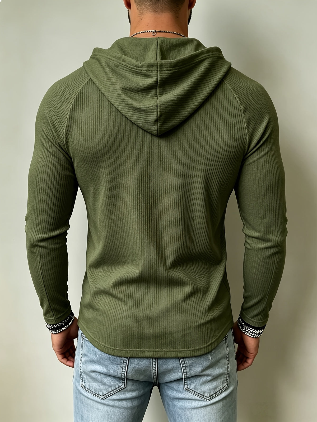 [Josh Mei OBM] Men'S Ribbed Drawstring Hoodie - Slim Fit Long Sleeve Pullover, with Adjustable Hood And Stretchy Fabric, Perfect for Casual Wear - Olive Green