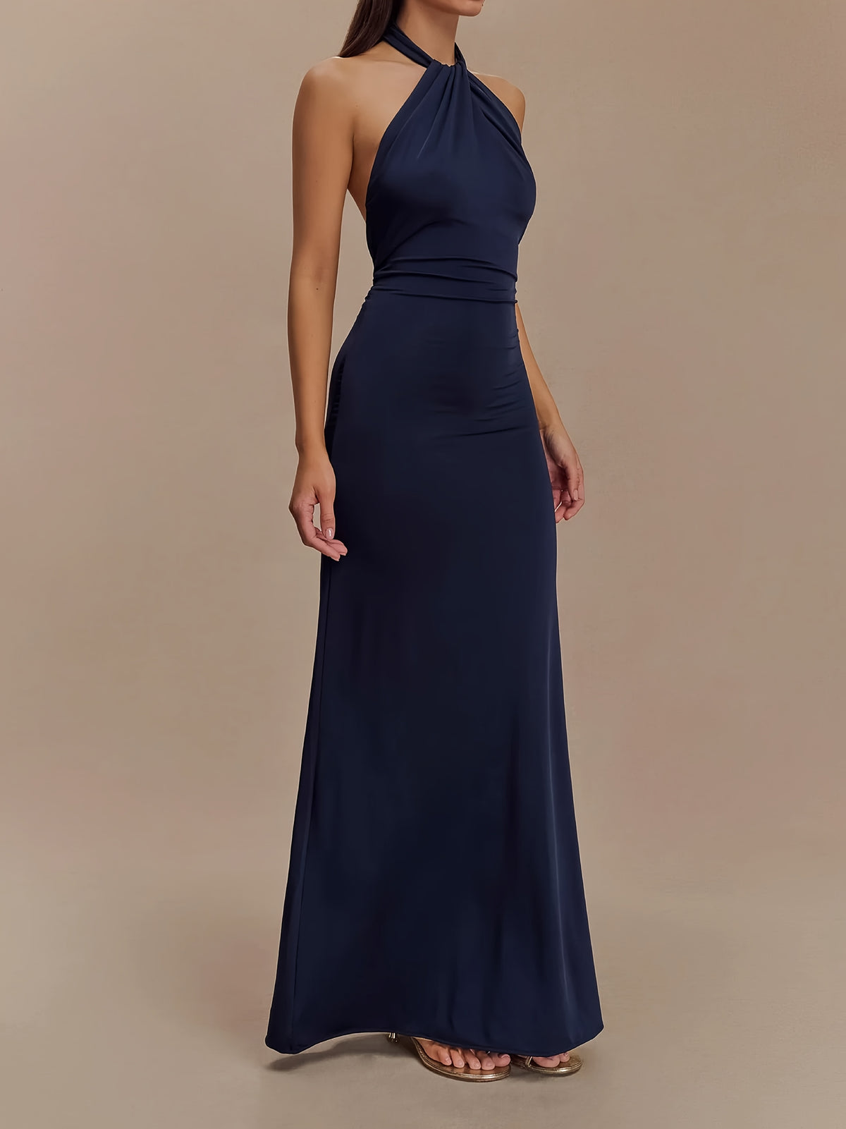 Women's Elegant Halter Neck Backless Evening Gown - Sleeveless Bodycon Formal Wedding Dress, Machine Washable High Elasticity Slim Fit Evening Wear - Navy Color
