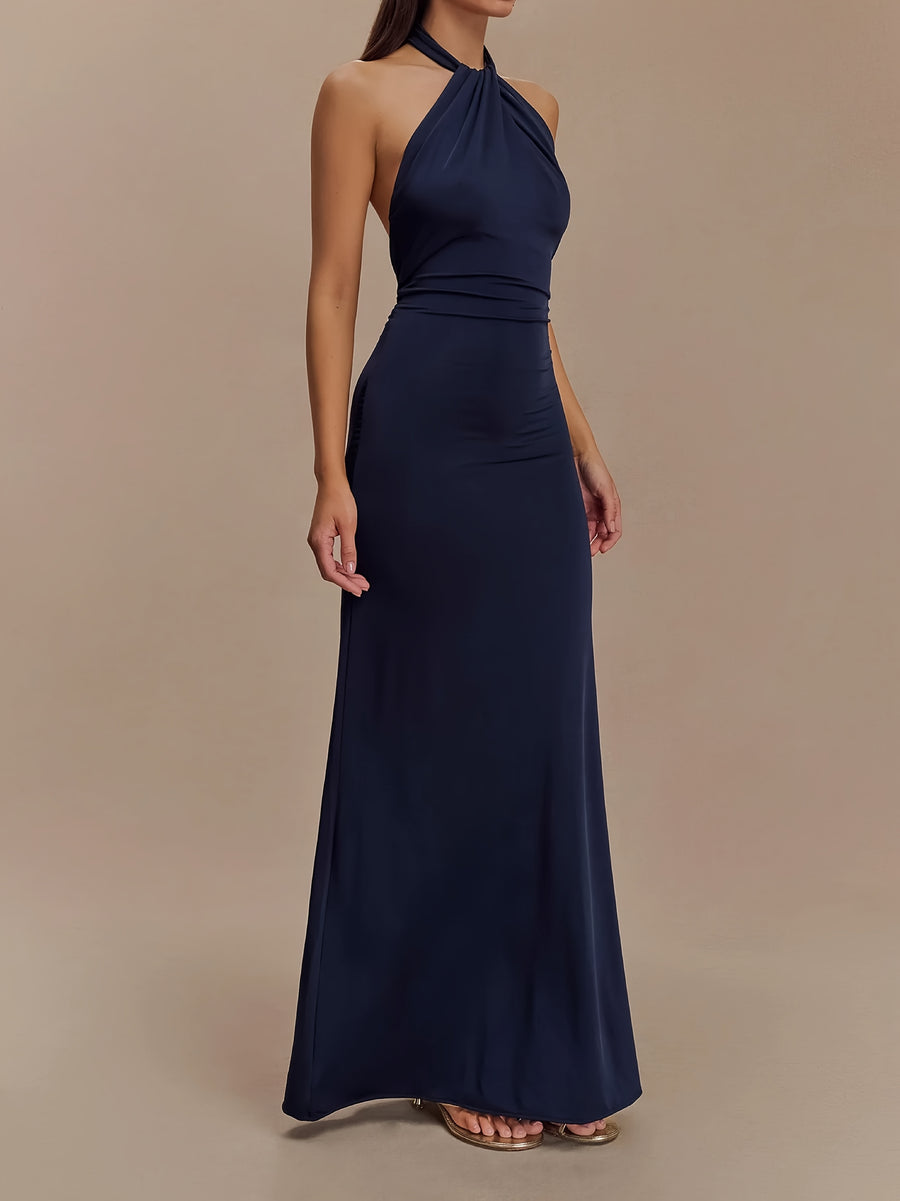 Women's Elegant Halter Neck Backless Evening Gown - Sleeveless Bodycon Formal Wedding Dress, Machine Washable High Elasticity Slim Fit Evening Wear - Navy Color