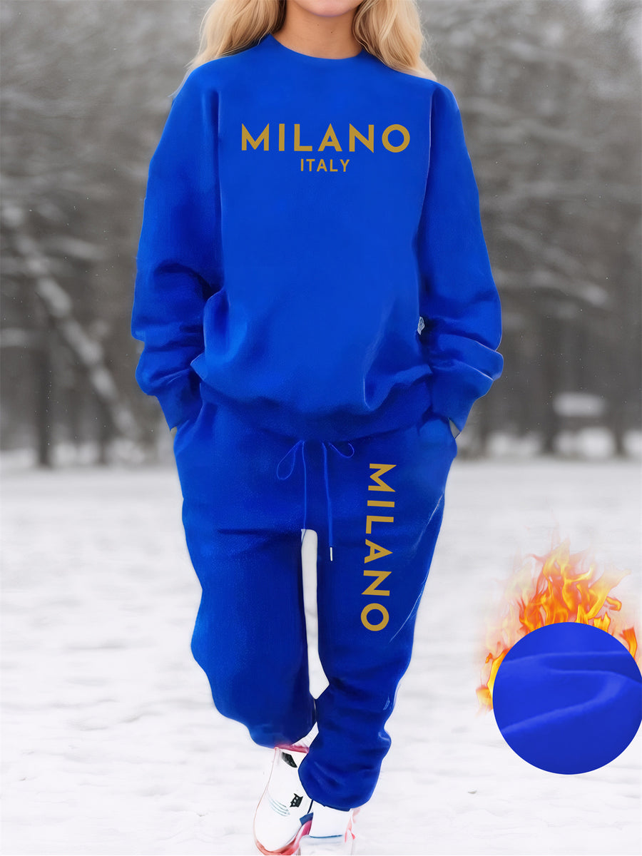 Plus Size - Plus Size - Plus-Size Women'S Fleece Sweatshirt Set with MILANO Letter Print, Featuring a Round Neck, Long Sleeves, Drawstring Pockets, And Casual Long Pants for Streetwear - Blue