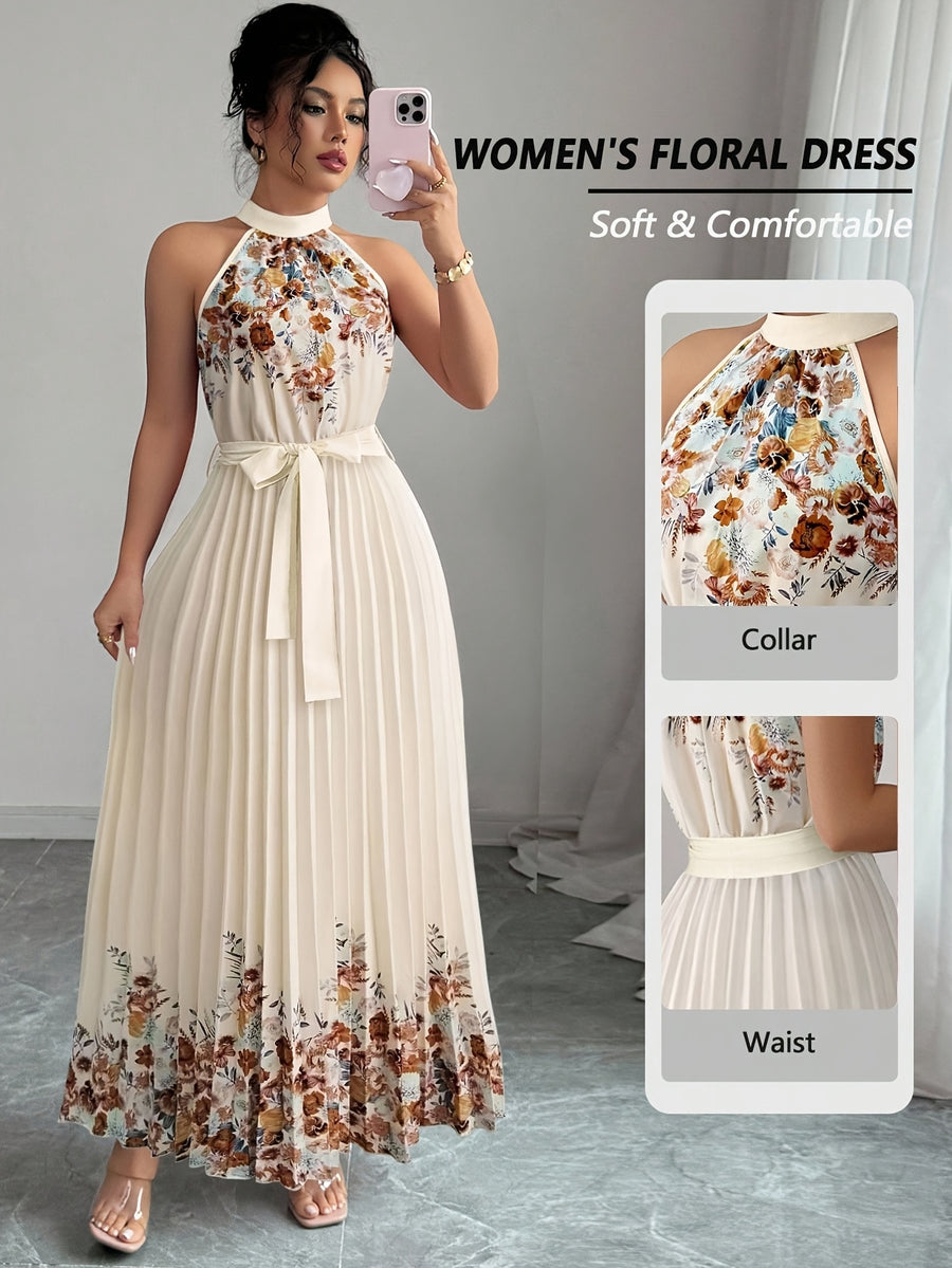 Fashionable New Women'S Summer Halter Floral Print Pleated Dress - Apricot