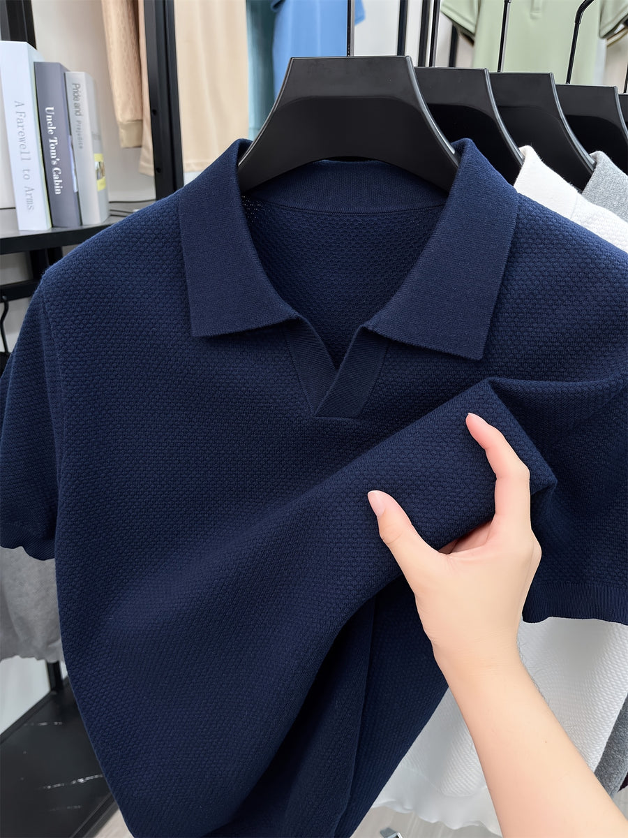 [Qiaoximei OBM] Summer Men'S Premium Casual Henley Shirt | Knit Style Men'S Top, Full Pineapple Jacquard Decoration, Summer Men'S Henley Collar Short Sleeve Base Layer, Lapel Men'S Top, Easy And Fresh for Single Wear - Navy Color