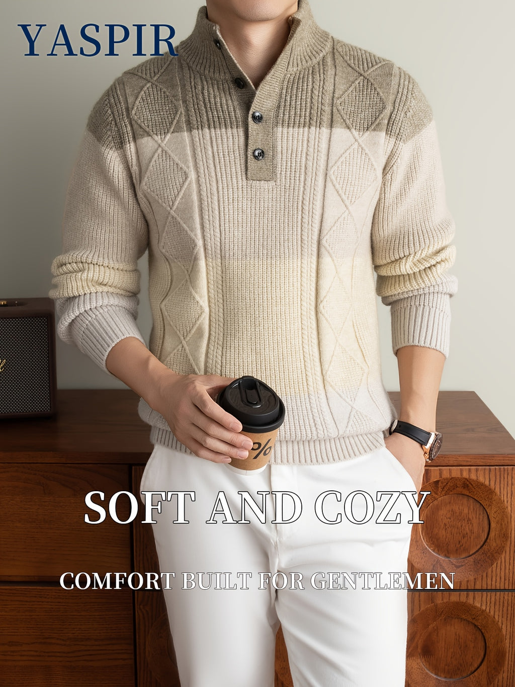 Autumn Winter Men'S High Neck Henley Long Sleeve Pullover Sweater Thick Heavyweight Style, Color-Block Jacquard Design, Casual Elegant Old Money Style, Warm And Cold-Resistant, Suitable for Daily Leisure Sports Outdoor Camping Fishing Wear, Knit - Camel