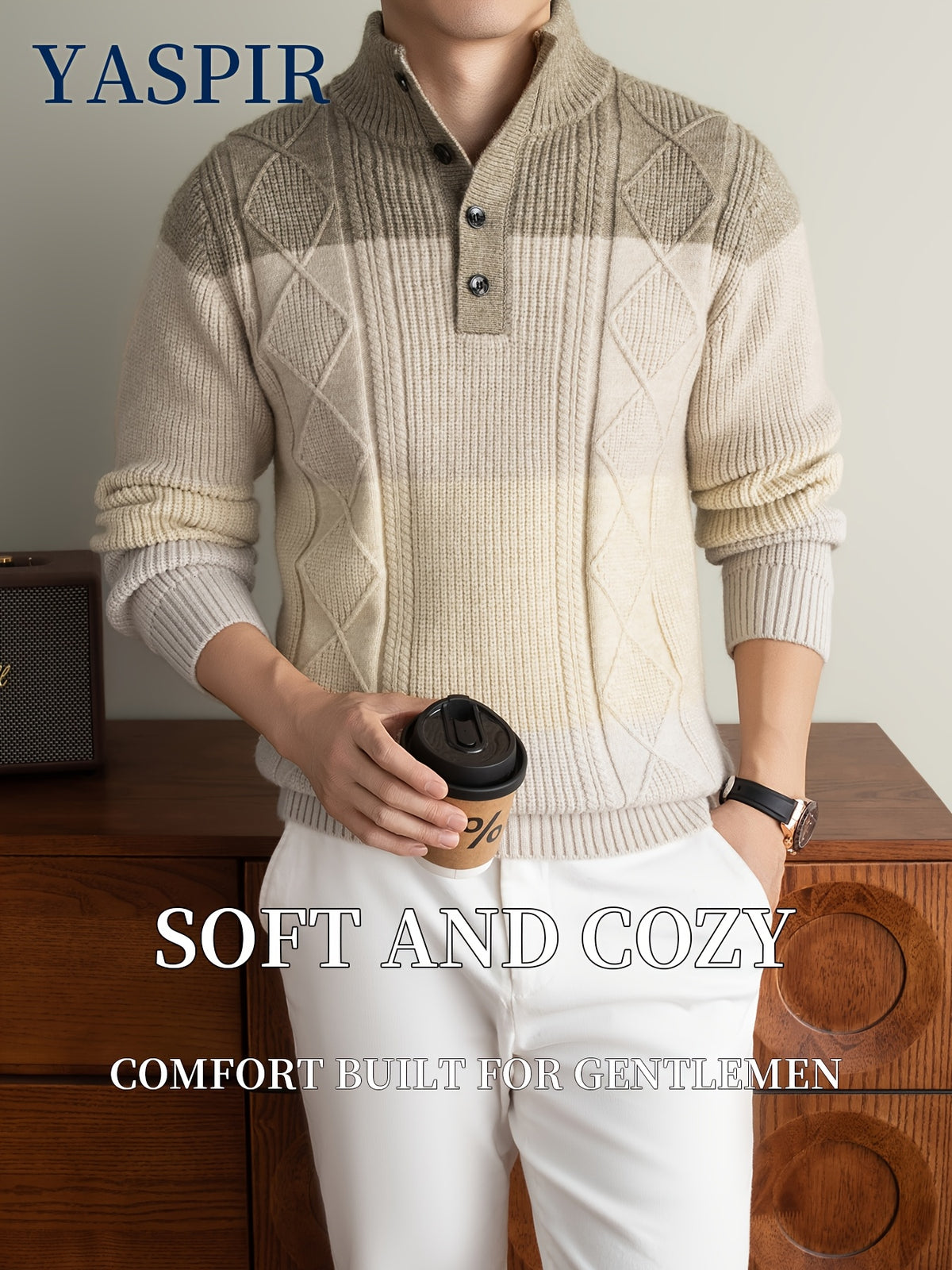 Autumn Winter Men'S High Neck Henley Long Sleeve Pullover Sweater Thick Heavyweight Style, Color-Block Jacquard Design, Casual Elegant Old Money Style, Warm And Cold-Resistant, Suitable for Daily Leisure Sports Outdoor Camping Fishing Wear, Knit - Camel