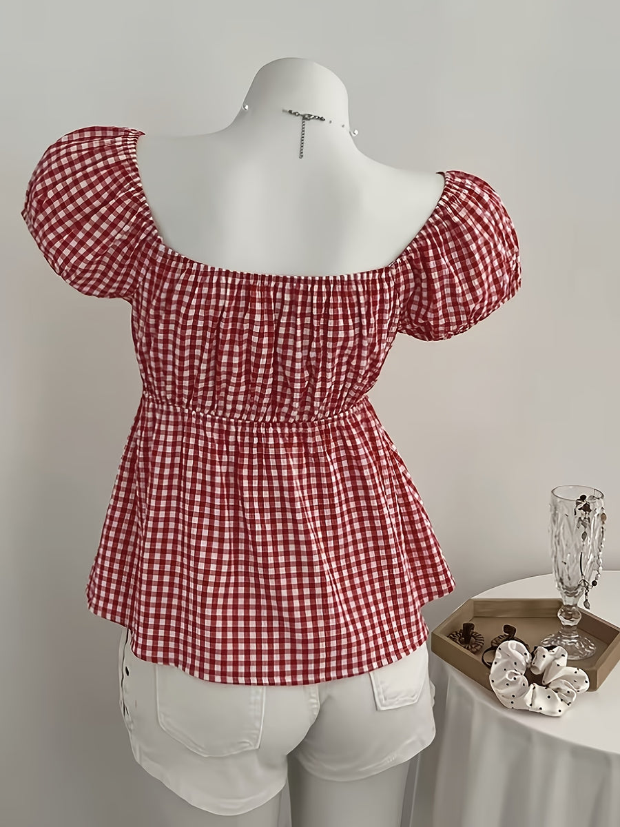 Women'S Red And White Checkered Square Neck Puff Sleeve Short-Sleeved Shirt, Waist- Short Doll Shirt, French Sweet Age-Reducing Plaid Shirt - Red