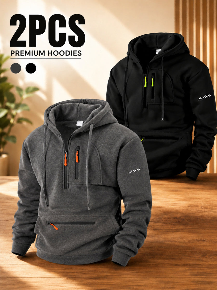 Men'S Hoodie with Multi-Zipper Pockets, Minimalist Graphic Print Casual Style Autumn Winter Wear 2pcs Set - Dark Gray + Black