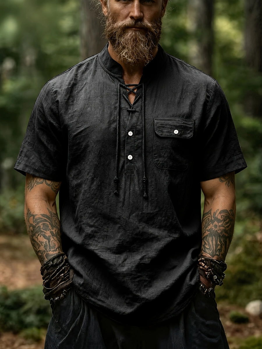 New Men'S Lace-Up Henley T-Shirt, Stand Collar Short Sleeve Casual Pullover with Adjustable Drawstring Neckline And Flap Chest Pocket, Lightweight Relaxed Fit Top for Beach Vacations, Travel, Outdoor Leisure And Everyday Wear - Black